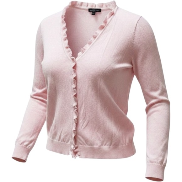 Lauren Ralph Lauren Sweaters - Lauren Ralph Lauren Cardigan 2X Pink Ruffle Trim Cotton Knit Coquette